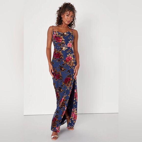 Lulu's Dresses & Skirts - Lulus Chic Romantic Navy Blue Burnout Velvet Floral Cowl Neck Dress